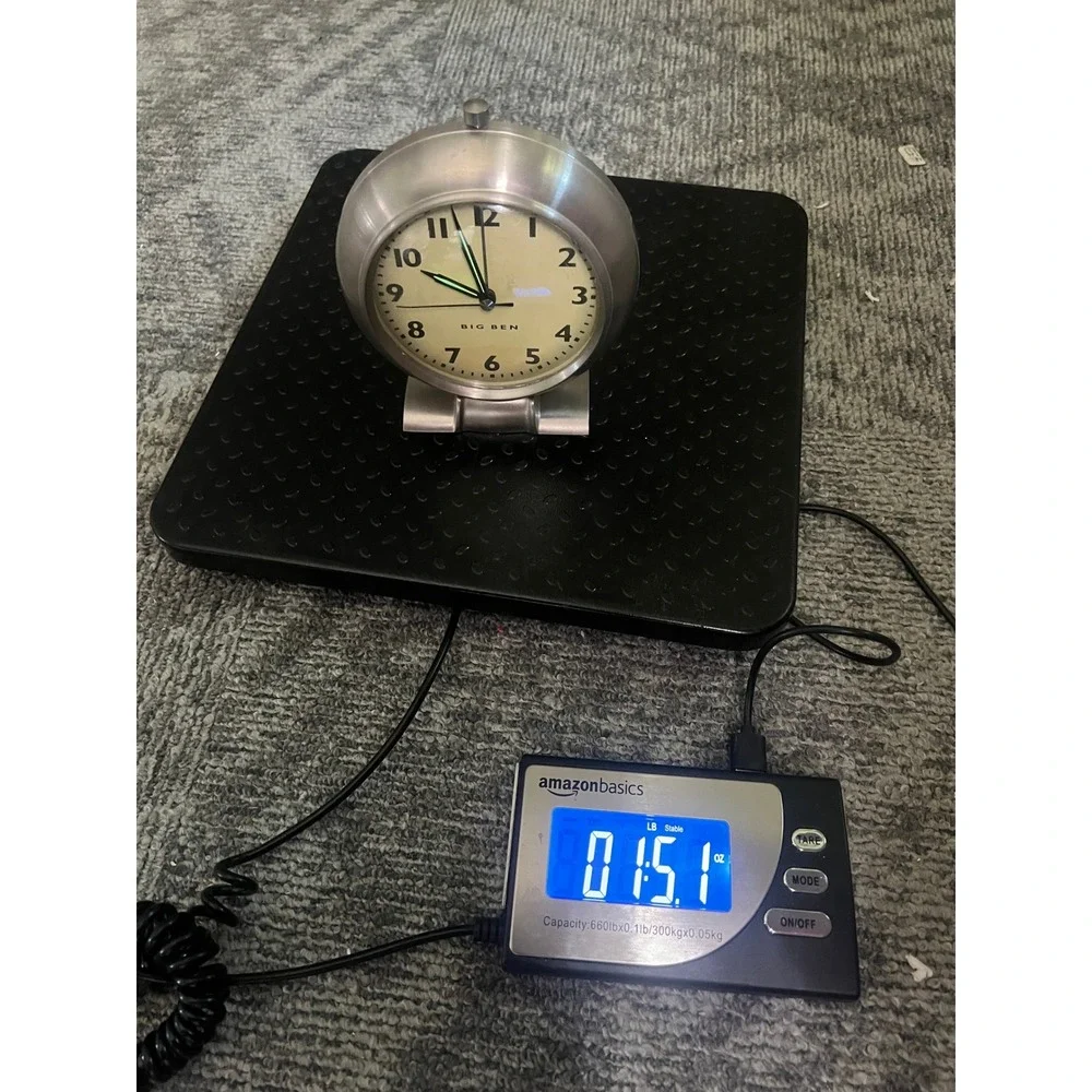 Big Ben Alarm Clock Brushed Silver Metal Round Battery Operated Cream Dial